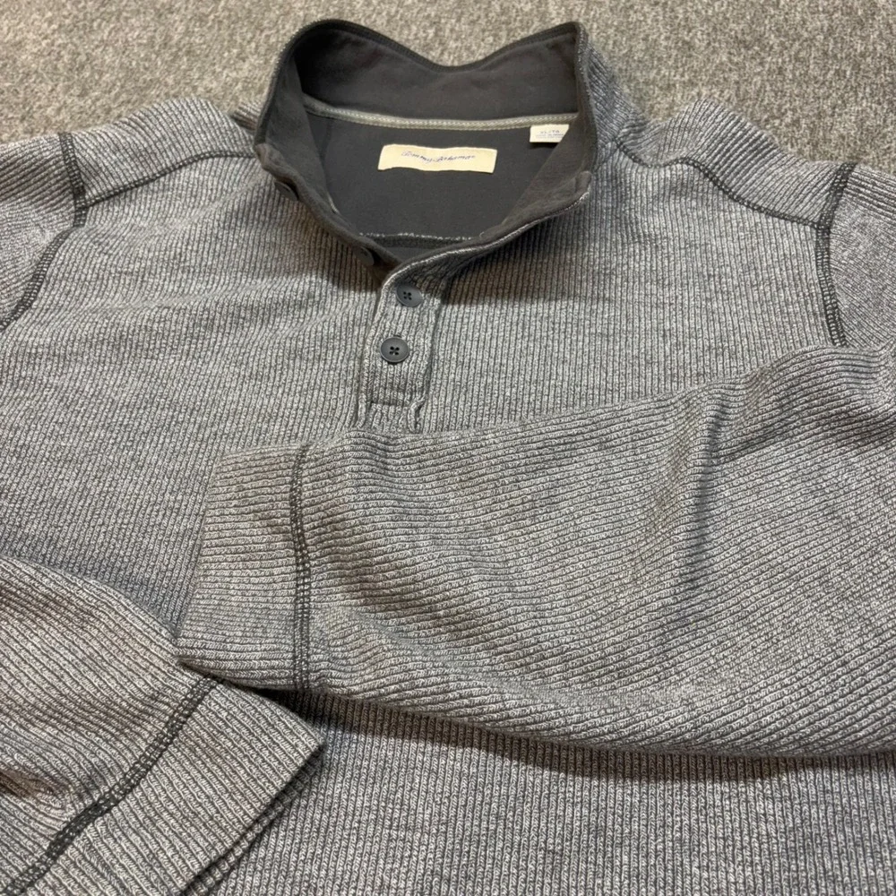 Tommy Bahama Mens XL Gray 1/4 Button Pullover‎ Mock Neck Sweater Henley Shirt